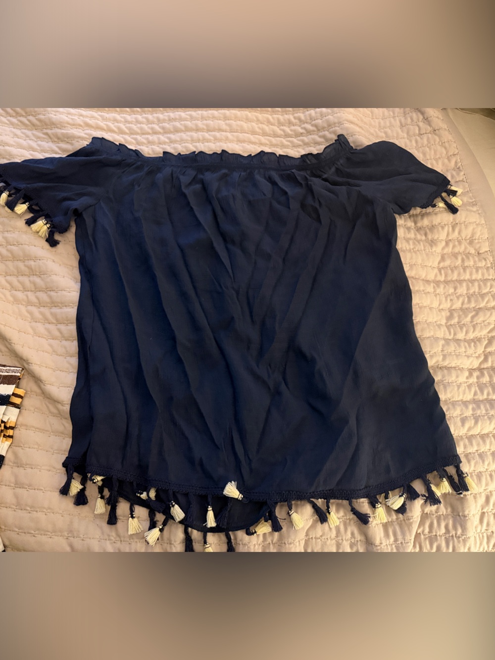 Navy Tassel Trim Off-Shoulder Top Striped Wide Legged Pants - Picture 5 of 5
